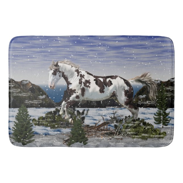 Chestnut and White Paint Horse in Snow Bath Mat (Front)