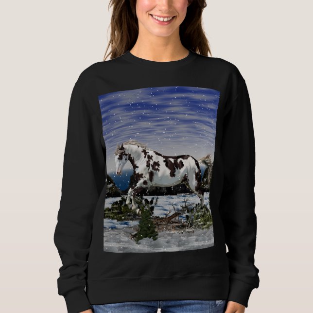Chestnut and White Paint Horse in Snow Sweatshirt (Front)