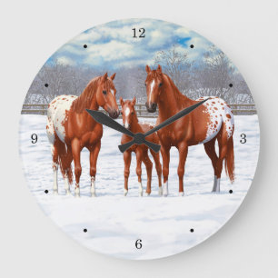 Chestnut Appaloosa Sorrel Quarter Horses in Snow Large Clock