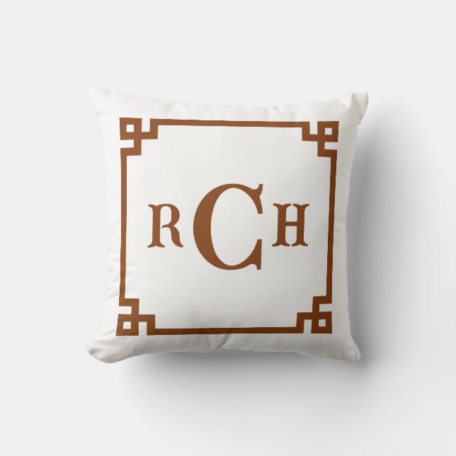 Chestnut Brown Chinoiserie Greek Key Monogram Cushion (Front)