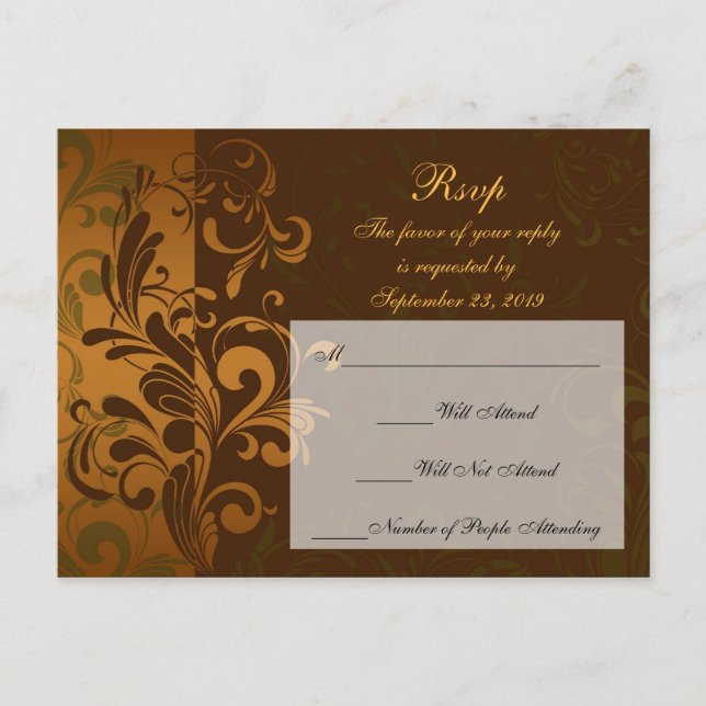 Chestnut Brown Gold/Green RSVP Reply Postcard (Front)