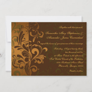 Chestnut Brown/Gold/Green Swirl Wedding Invitation