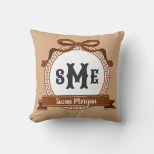 Chestnut Brown Reverse Greek Key Bow Monogram Cushion