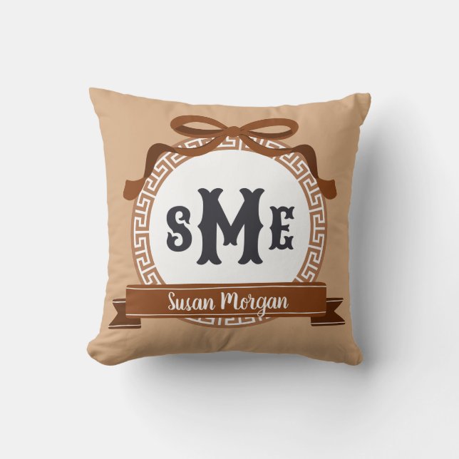 Chestnut Brown Reverse Greek Key Bow Monogram Cushion (Front)