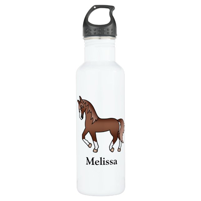 Chestnut Cartoon Trotting Horse & Custom Name 710 Ml Water Bottle (Front)