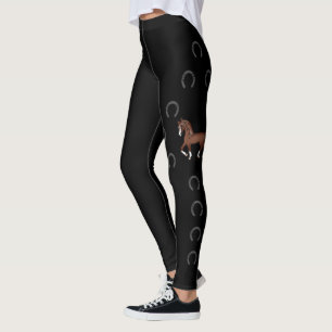 Chestnut Cute Cartoon Trotting Horse & Horseshoes Leggings