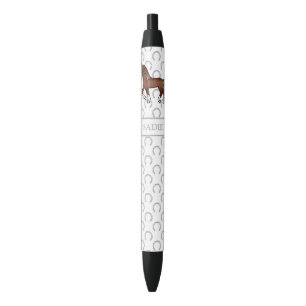 Chestnut Cute Cartoon Trotting Horse & Name Black Ink Pen