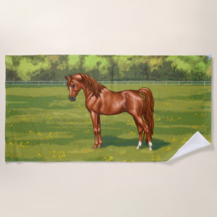 Chestnut Egyptian Arabian Horse in Spring Pasture Beach Towel