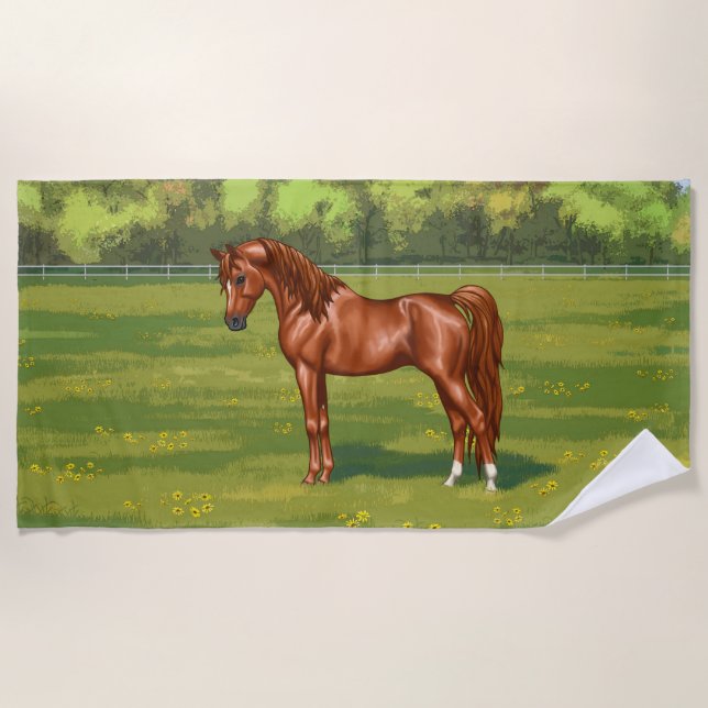 Chestnut Egyptian Arabian Horse in Spring Pasture Beach Towel (Front)