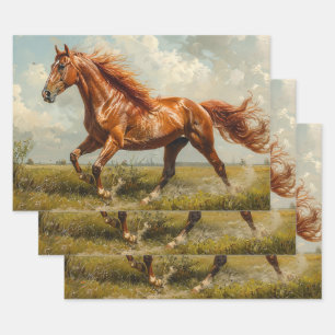 Chestnut Horse Galloping Oil Painting Decoupage Wrapping Paper Sheet