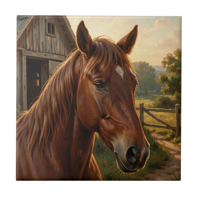 Chestnut Horse Golden Hour Barn Ceramic Tile (Front)