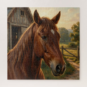 Chestnut Horse Golden Hour Barn Jigsaw Puzzle
