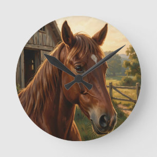 Chestnut Horse Golden Hour Barn Round Clock