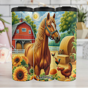 Chestnut Horse in Sunny Farmyard Thermal Tumbler