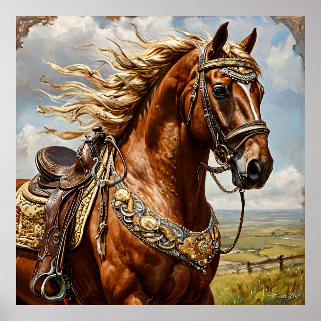 Chestnut Horse with Ornate Saddle Under Sunny Sky Poster (Front)