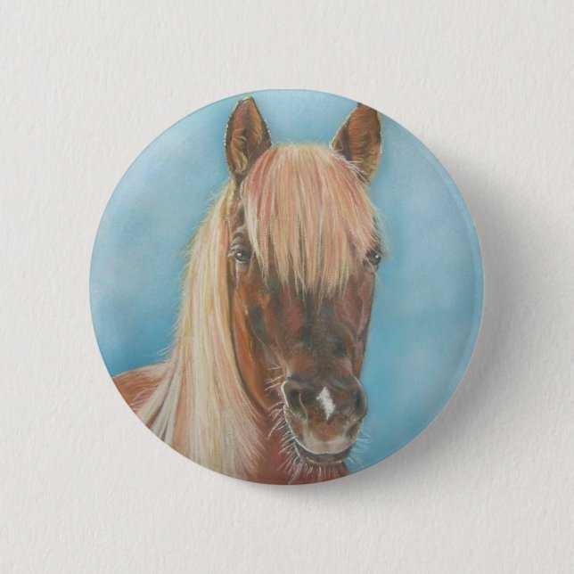 chestnut mare with blonde mane equine art horse 6 cm round badge (Front)