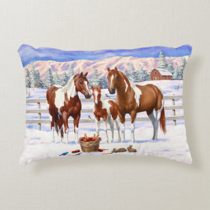 Chestnut Pinto Sorrel Paint Quarter Horses In Snow Decorative Cushion