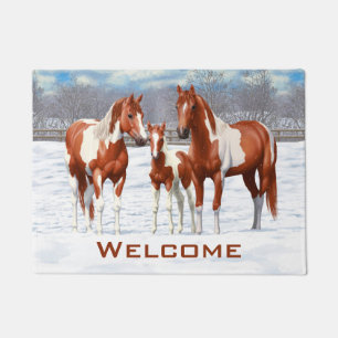 Chestnut Pinto Sorrel Paint Quarter Horses In Snow Doormat