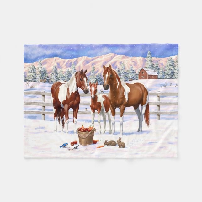 Chestnut Pinto Sorrel Paint Quarter Horses In Snow Fleece Blanket (Front (Horizontal))