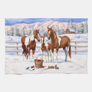 Chestnut Pinto Sorrel Paint Quarter Horses In Snow Tea Towel