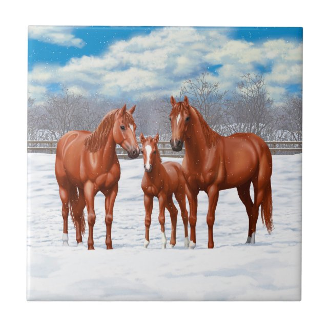 Chestnut Sorrel Quarter Horses In Snow Ceramic Tile (Front)
