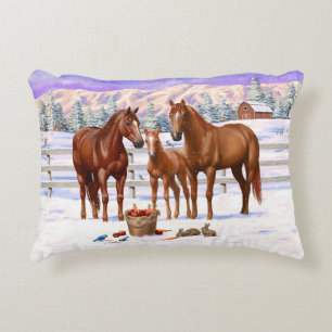 Chestnut Sorrel Quarter Horses In Snow Decorative Cushion