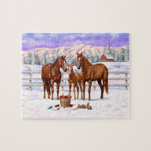 Chestnut Sorrel Quarter Horses In Snow Jigsaw Puzzle