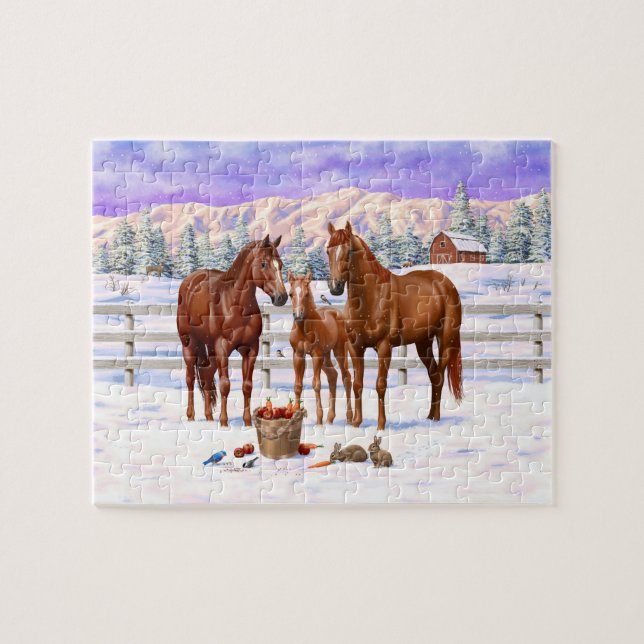 Chestnut Sorrel Quarter Horses In Snow Jigsaw Puzzle (Horizontal)