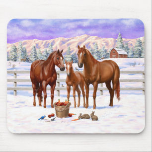 Chestnut Sorrel Quarter Horses In Snow Mouse Pad