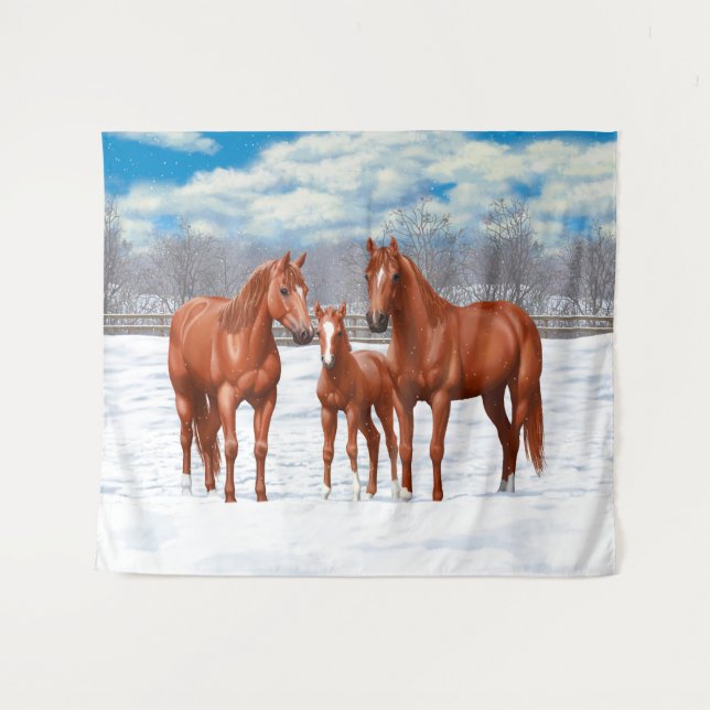 Chestnut Sorrel Quarter Horses In Snow Tapestry (Front (Horizontal))