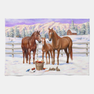Chestnut Sorrel Quarter Horses In Snow Tea Towel