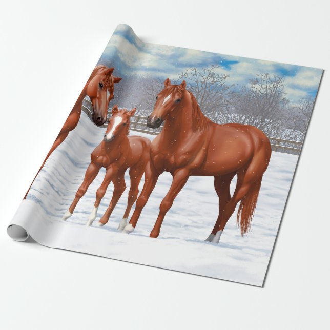 Chestnut Sorrel Quarter Horses In Snow Wrapping Paper (Unrolled)