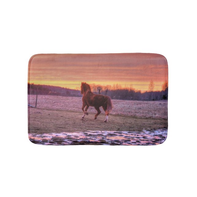 Chestnut Stallion Horse and Ranch Sunset Bath Mat (Front)
