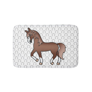 Chestnut Trotting Horse Cute Cartoon Illustration Bath Mat