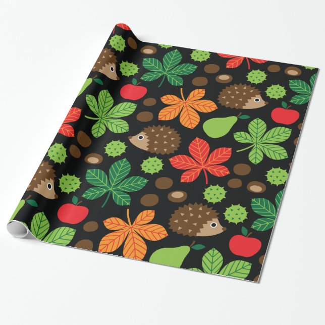 Chestnuts & Hedgehog Seamless Pattern Wrapping Paper (Unrolled)
