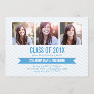 Chevron 3 Photo Graduation Invitation - Blue