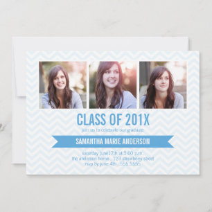 Chevron 3 Photo Graduation Invitation - Blue