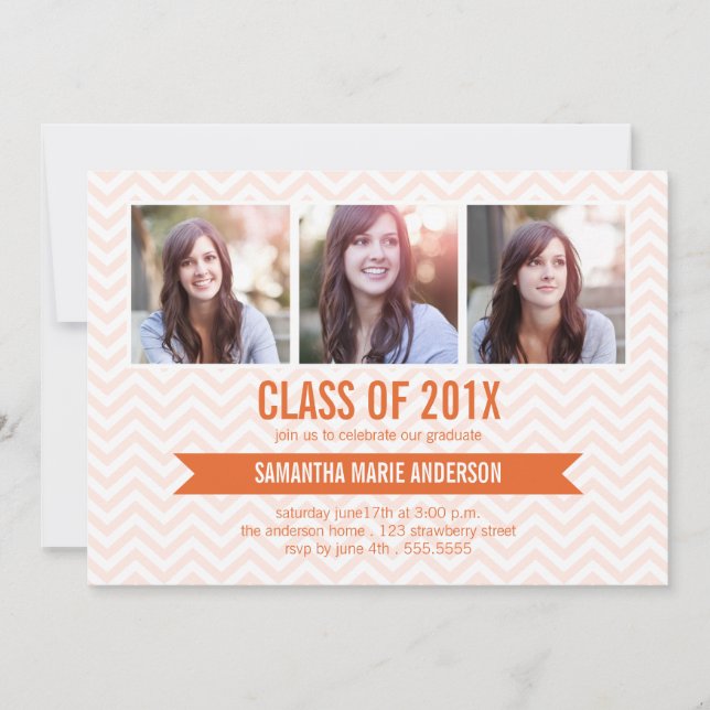 Chevron 3 Photo Graduation Invitation - Orange (Front)