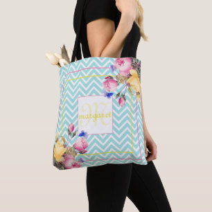 Chevron and Flowers Monogrammed Tote Bag