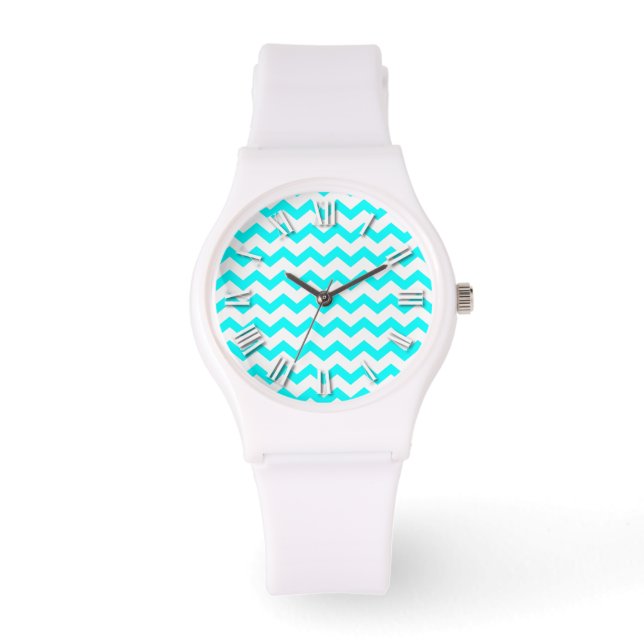 Chevron Aqua Teal and White ZigZag Zig Zags Watch (Front)