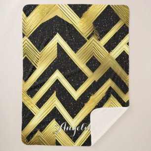 Chevron Black and Gold Personalised Name Sherpa Blanket