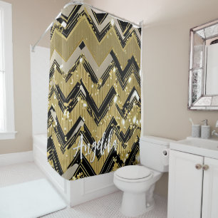 Chevron Black and Gold Personalised Name Shower Curtain