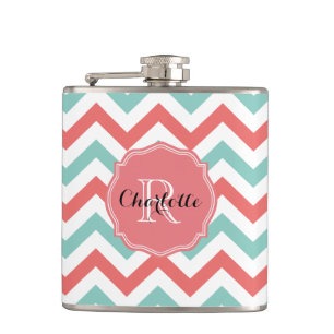 Chevron Coral and Aqua Custom Name Hip Flask