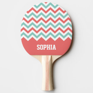 Chevron Coral and Aqua Custom Name Ping Pong Paddle
