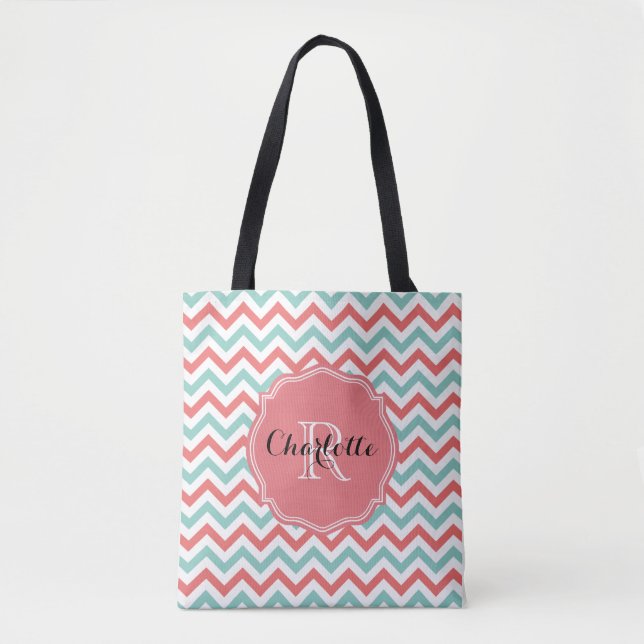 Chevron Coral and Aqua Custom Name Tote Bag (Front)
