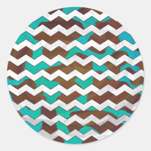 Chevron Cow Brown and Teal Print Classic Round Sticker