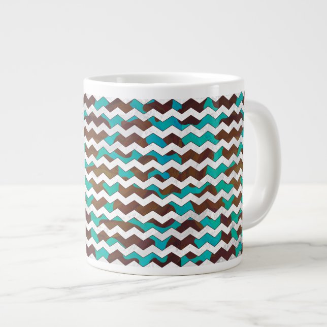 Chevron Cow Brown and Teal Print Large Coffee Mug (Front Right)
