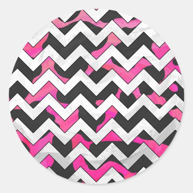 Chevron Cow Hot Pink and Black Print Classic Round Sticker (Front)