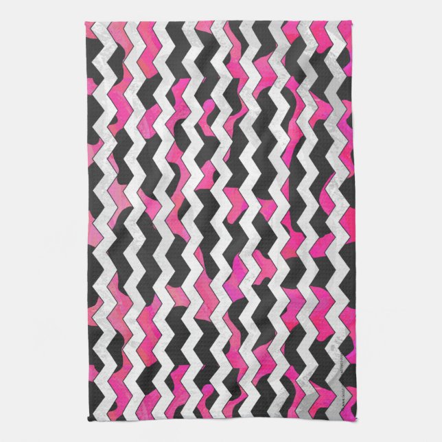 Chevron Cow Hot Pink and Black Print Tea Towel (Vertical)