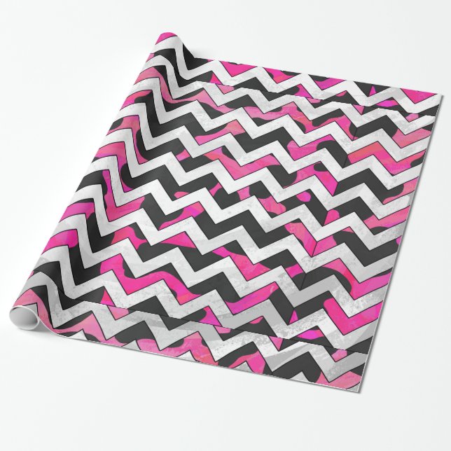 Chevron Cow Hot Pink and Black Print Wrapping Paper (Unrolled)